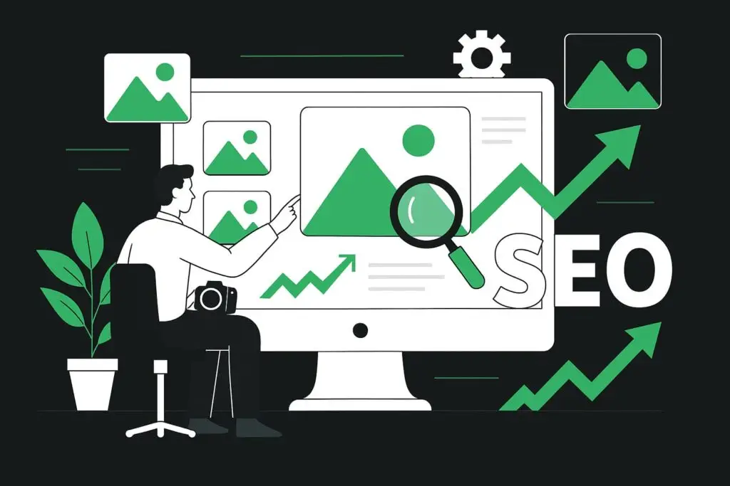 Person analyzing images on a computer screen for SEO optimization, featuring growth graphs and a magnifying glass, with a plant in the foreground, illustrating visual search strategies.