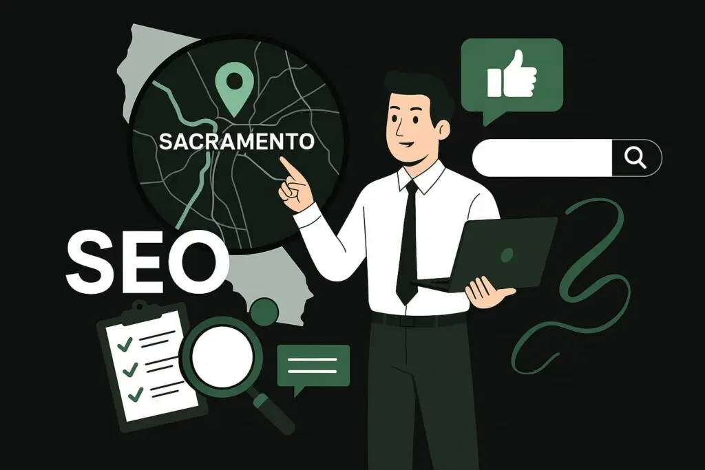 Man in a suit holding a laptop, pointing at a map highlighting Sacramento, with SEO text, search bar, and checklist icons, symbolizing digital marketing strategies for local businesses.