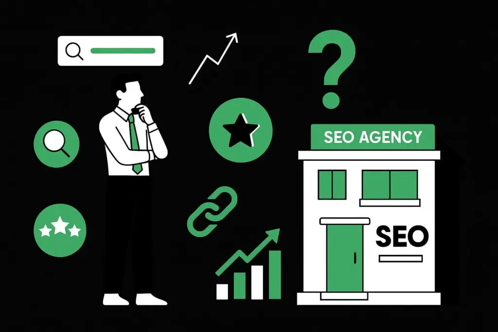 Businessman pondering SEO agency options with search icons, growth chart, and SEO symbols.