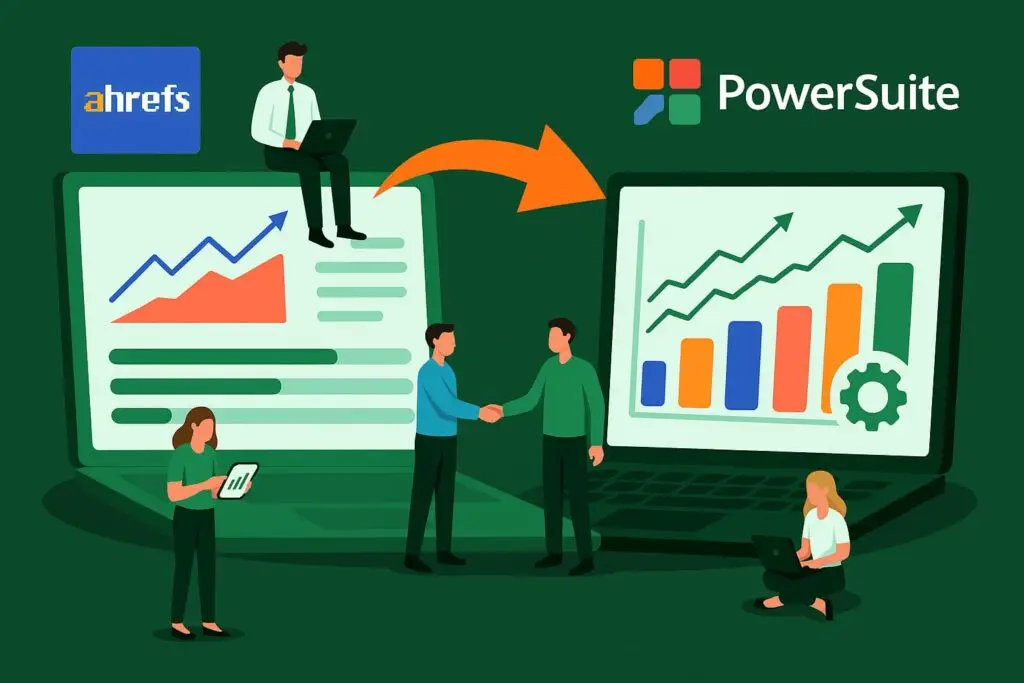 Illustration depicting the transition from Ahrefs to PowerSuite, featuring two laptops displaying analytics graphs, with individuals collaborating and using devices, symbolizing SEO tool integration and marketing strategies.