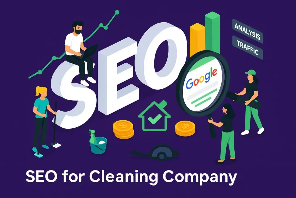 SEO concept illustration for cleaning companies, featuring diverse characters engaging in digital marketing tasks, with "SEO" prominently displayed, alongside elements like a magnifying glass highlighting Google, charts, and cleaning tools, emphasizing the importance of online visibility and keyword research.