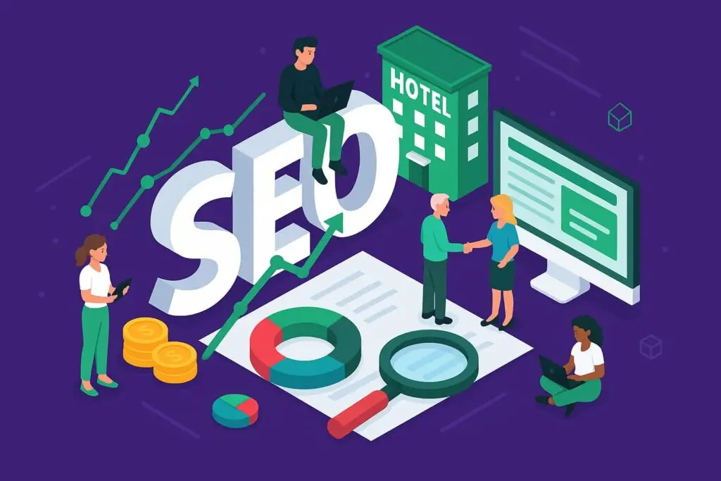SEO concept illustration featuring diverse individuals engaging with digital marketing elements, including a hotel building, graphs, and a computer screen, emphasizing the importance of SEO strategies for the hospitality industry.
