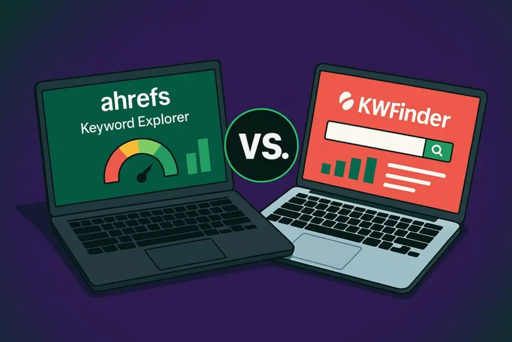 Laptops displaying Ahrefs Keyword Explorer and KWFinder interfaces, illustrating keyword research tools for SEO strategies.