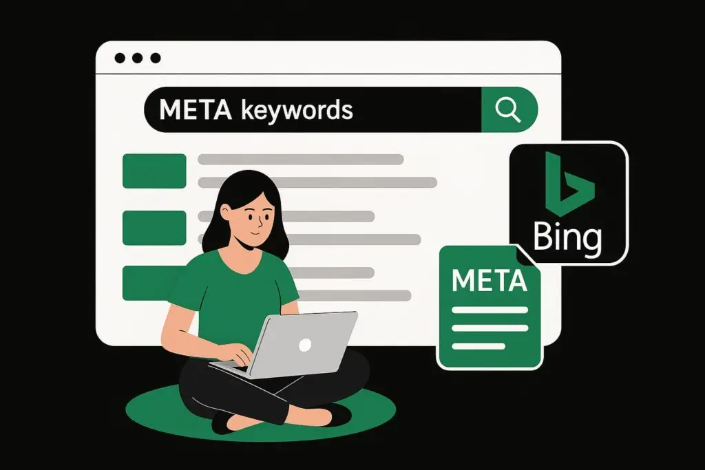 Person sitting cross-legged with a laptop, searching for "META keywords" on a webpage, featuring Bing logo and metadata elements, illustrating SEO strategies for digital marketing.