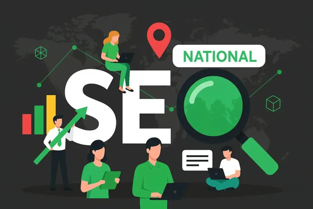 Illustration of diverse individuals engaging with SEO concepts, featuring the word "SEO" prominently, alongside a magnifying glass, graphs, and the term "NATIONAL," symbolizing strategies for national SEO optimization.