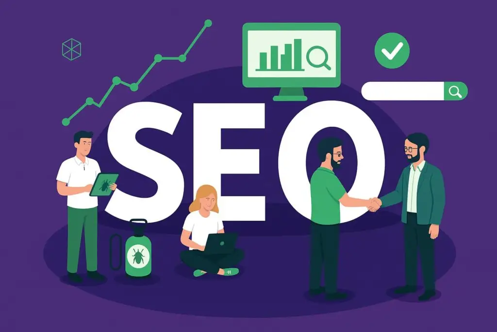 Illustration of SEO concepts featuring diverse characters analyzing data, using technology, and collaborating, with a prominent "SEO" text and graphical elements representing growth and search.