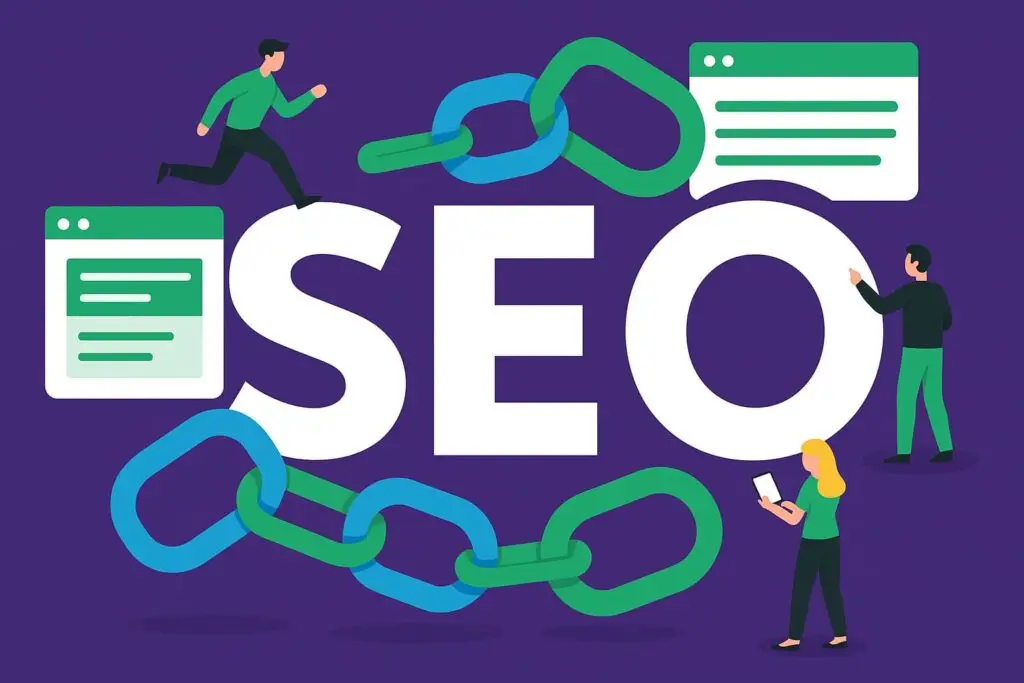 Illustration of SEO concept featuring the word "SEO" in large letters, surrounded by digital elements like chains, a smartphone, and characters representing online marketing strategies.