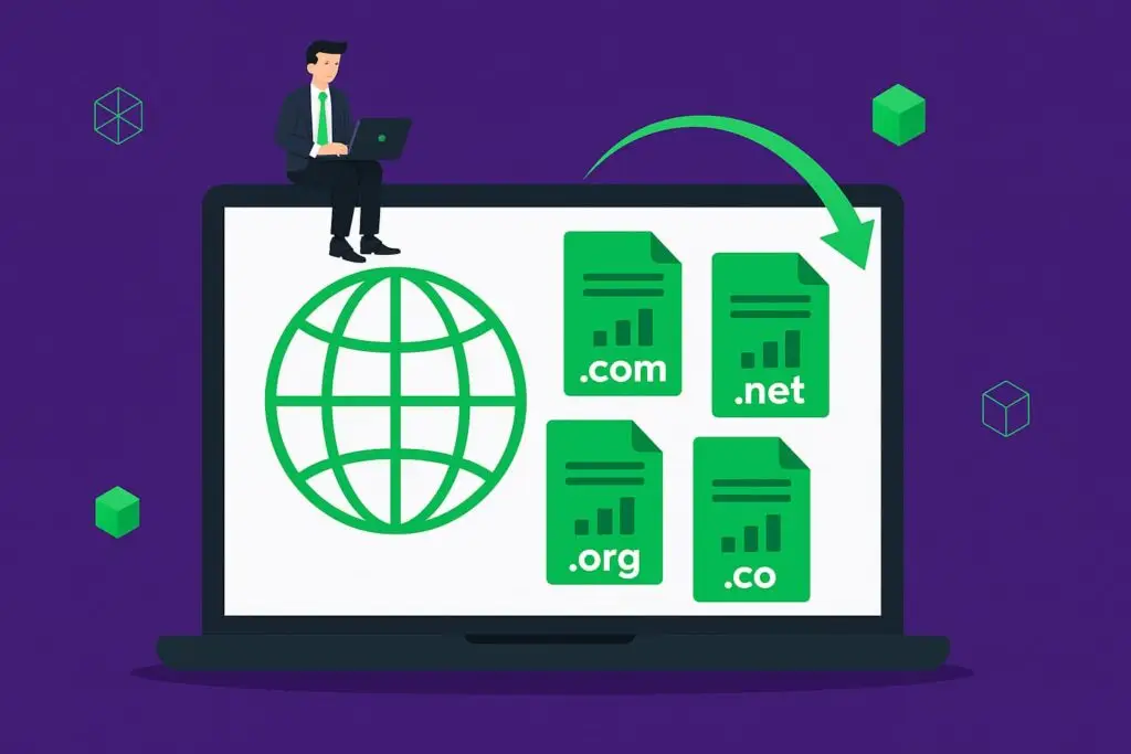 Person sitting on a laptop with a globe and domain extensions (.com, .net, .org, .co) representing SEO strategies for website visibility.