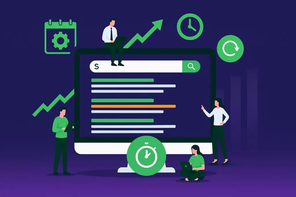 Illustration of digital marketing concepts with a search engine results page, featuring people analyzing data and performance metrics, emphasizing SEO strategies and SERP optimization.