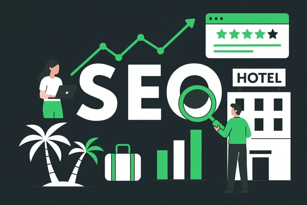 SEO strategies for hotels, person using laptop, upward trend graph, magnifying glass, hotel building, palm trees, suitcase, emphasizing hotel search engine optimization for 2026.