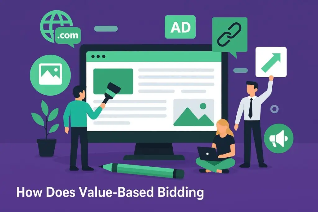 Illustration of web design elements with characters analyzing a webpage, featuring a desktop monitor, icons for images, ads, and links, emphasizing the relationship between design and content marketing effectiveness.