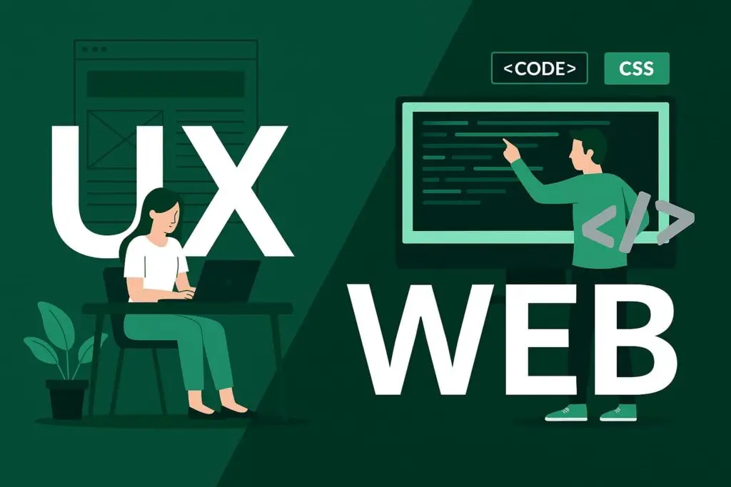 Illustration contrasting UX design and web development, featuring a woman working on a laptop and a man pointing at a code-filled screen, highlighting the importance of both in digital marketing strategies.