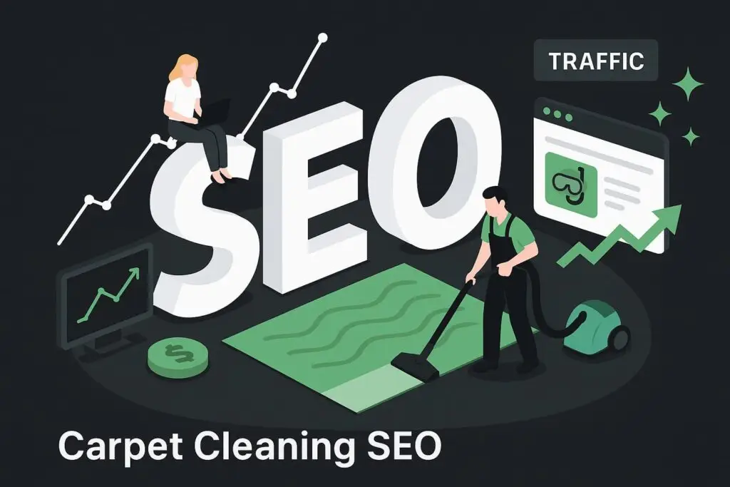 Carpet cleaning SEO illustration featuring a person vacuuming a carpet, a woman on a laptop analyzing data, large "SEO" letters, and graphs indicating traffic growth