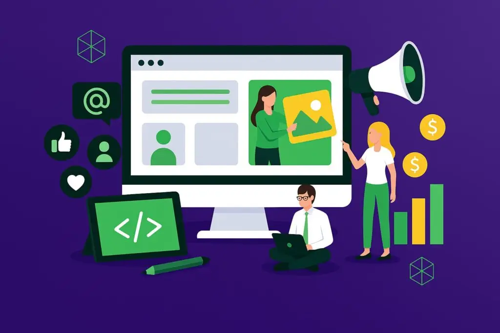 Illustration of digital marketing concepts featuring a computer screen displaying social media interactions, two characters engaging with content, coding symbols, and growth metrics, emphasizing the importance of web design and social media in attracting customers online.