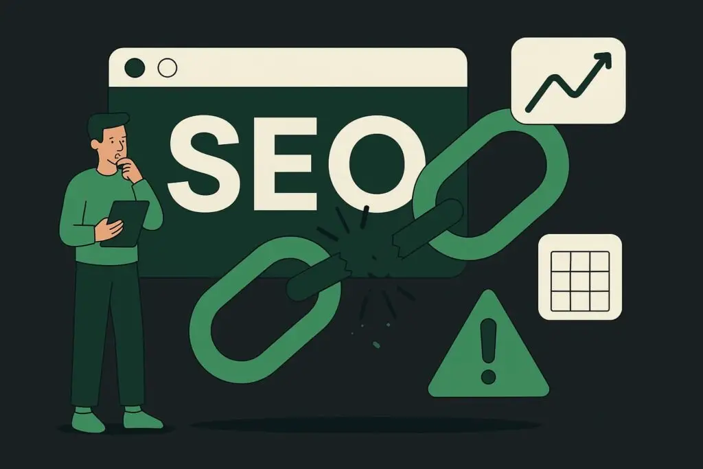 Person analyzing SEO concepts with a broken link graphic, emphasizing the impact of broken links on website performance and search engine optimization.