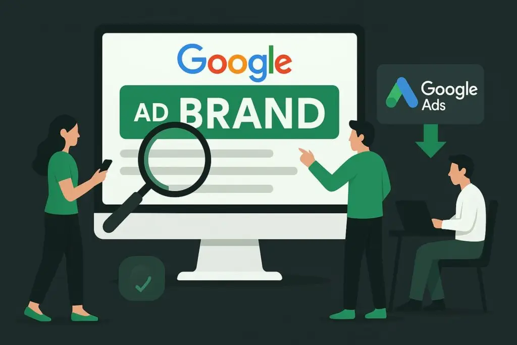 Illustration of a Google Ads interface displaying the term "AD BRAND," with a magnifying glass, a woman holding a smartphone, and two individuals discussing strategies, emphasizing brand bidding in digital marketing.