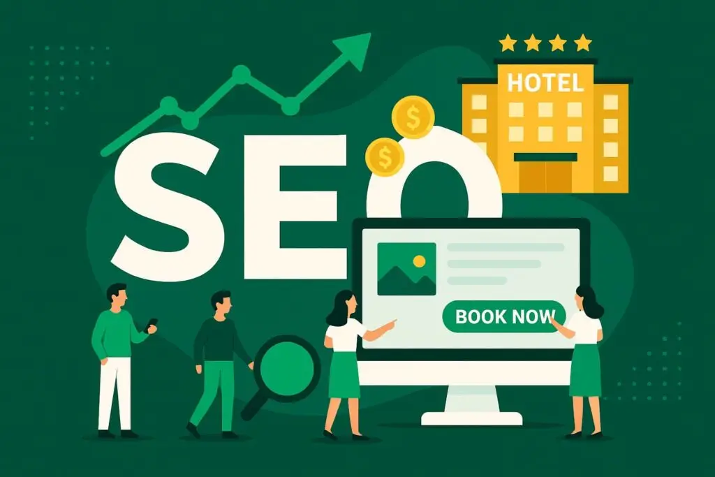 Illustration of SEO concepts for hospitality, featuring a hotel building, a computer screen with a "BOOK NOW" button, and figures representing users engaging with digital marketing strategies.