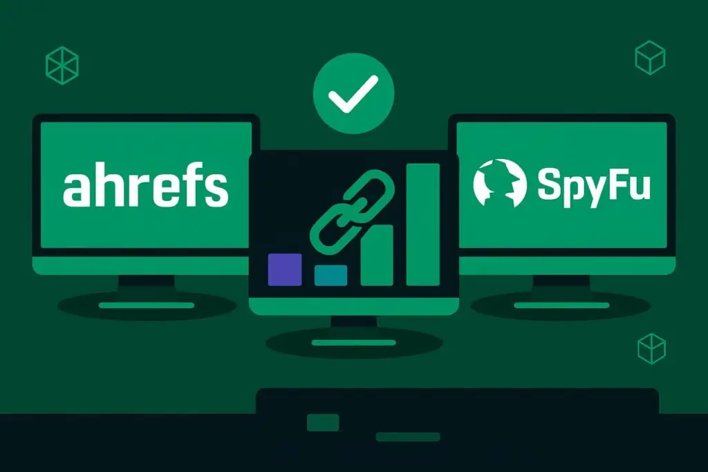 Graphic comparing Ahrefs and SpyFu, featuring logos on computer screens and a central graphic representing backlink data analysis.