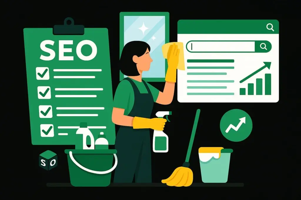 Cleaning professional using a spray bottle and cloth, with an SEO checklist, search bar, and growth chart in the background, symbolizing SEO strategies for cleaning businesses.