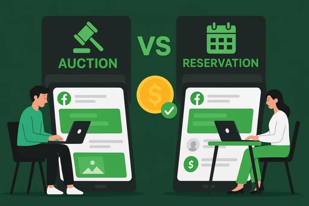 Illustration comparing auction and reservation ad types on Facebook, featuring a man and a woman working on laptops, with visual elements highlighting cost and campaign options.