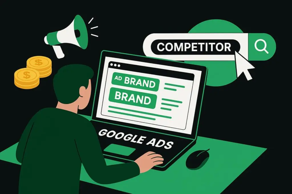 Person using a laptop to navigate Google Ads, searching for competitor brand keywords, with a megaphone and dollar coins in the background, illustrating paid search campaign strategies.