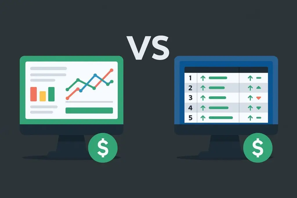 Comparison of digital marketing analytics tools, featuring a line graph on the left and a ranking table on the right, with dollar signs indicating financial metrics.