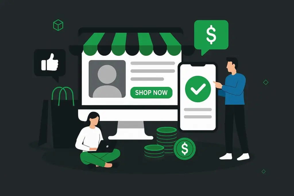 Illustration of a digital shopping experience with a person using a laptop, a smartphone displaying a purchase confirmation, and a computer screen showing a storefront, emphasizing online shopping and transaction tracking.