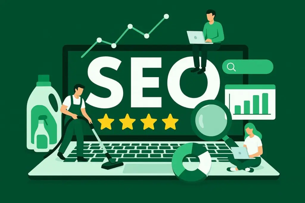 Illustration of a laptop displaying "SEO" with a cleaning theme, featuring a person vacuuming, a woman working on a laptop, and icons representing analytics and search, symbolizing SEO strategies for carpet cleaning businesses.