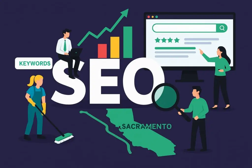 SEO graphic featuring keywords, cleaning service representation, and digital marketing elements, highlighting Sacramento and online visibility strategies.