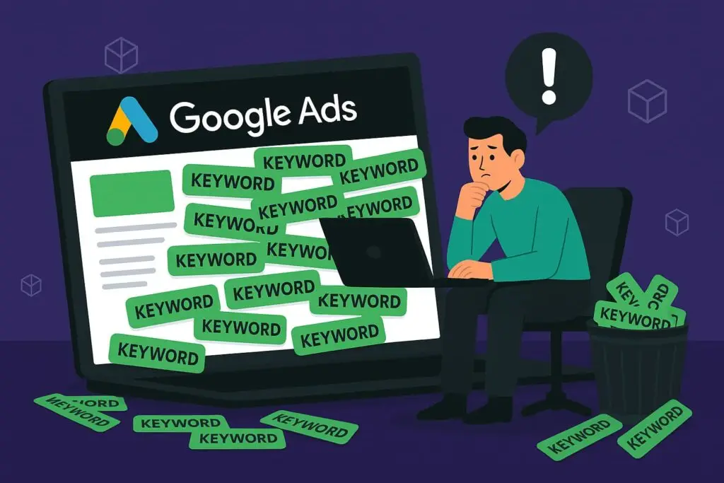 Person contemplating keyword strategy while sitting at a laptop, surrounded by Google Ads elements and keywords, illustrating the challenges of managing Google Ads campaigns effectively.