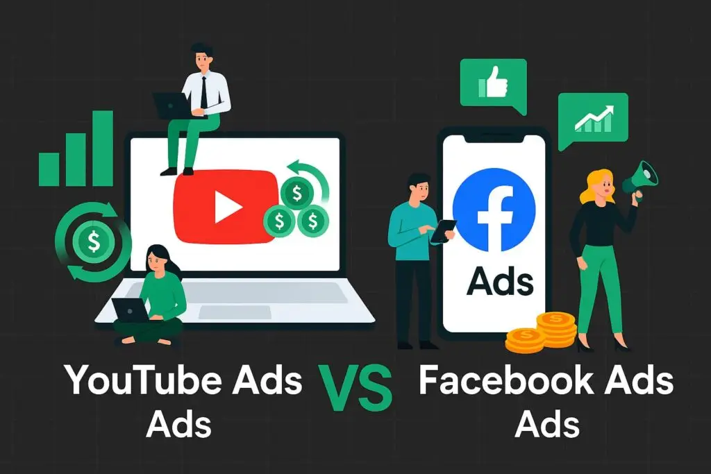 YouTube Ads and Facebook Ads comparison graphic, featuring two individuals analyzing advertising performance metrics on a laptop and smartphone, with visual elements like dollar signs, charts, and engagement icons.