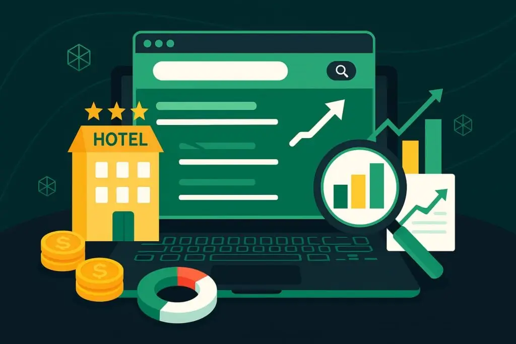 Hotel SEO services graphic featuring a laptop displaying search results, a hotel icon, growth charts, and coins, emphasizing digital marketing strategies for increasing direct bookings.