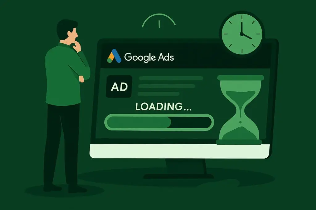 Person observing Google Ads dashboard with loading indication and timer, symbolizing the anticipation of ad performance in digital marketing strategies.