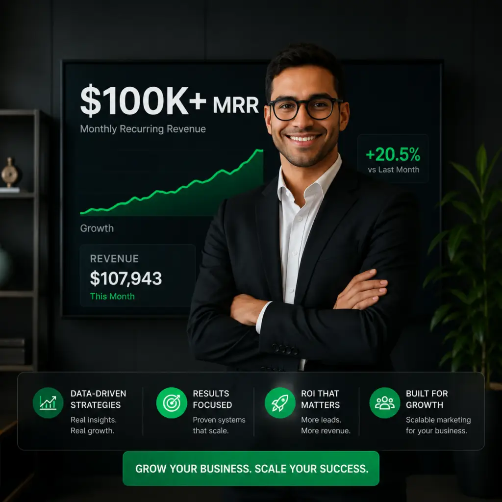 leading marketing expert stands in front of results board