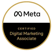 Meta Certified Digital Marketing Associate badge with black and gold design.