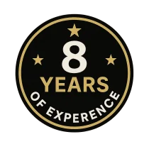 Gold and black badge displaying "8 Years of Experience" with four stars.