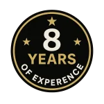 Gold and black badge displaying "8 Years of Experience" with four stars.