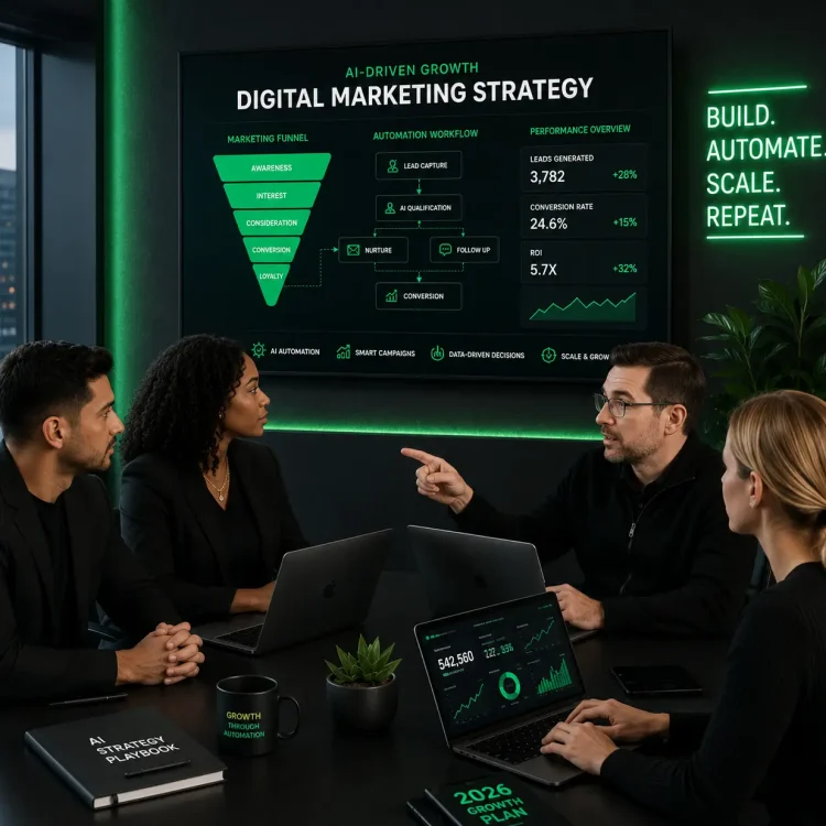 marketing agency team meeting rrom with 4 people discussing marketing strategy