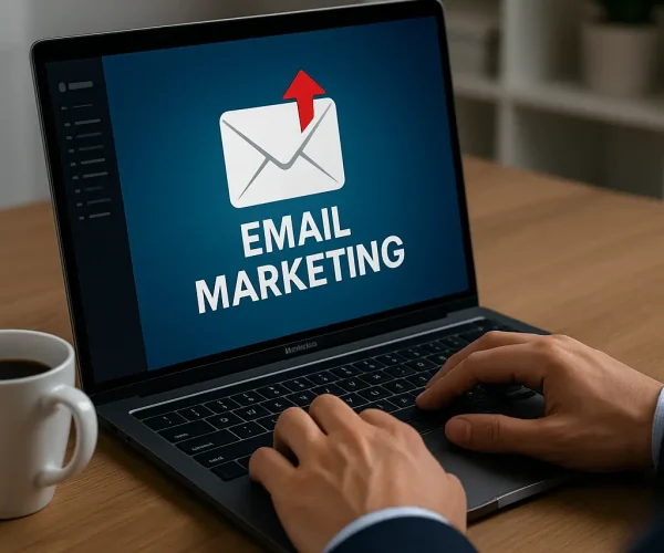 Hands typing on a laptop displaying an "Email Marketing" screen with envelope icon.