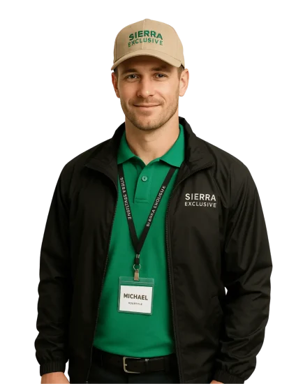 Front view of a man confidently displaying custom branded apparel from Sierra Exclusive, including a logoed polo, jacket, cap, and a personalized ID badge.